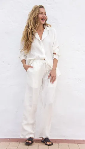 BELGIUM Drawstring trousers oyster white fine Belgium Linen