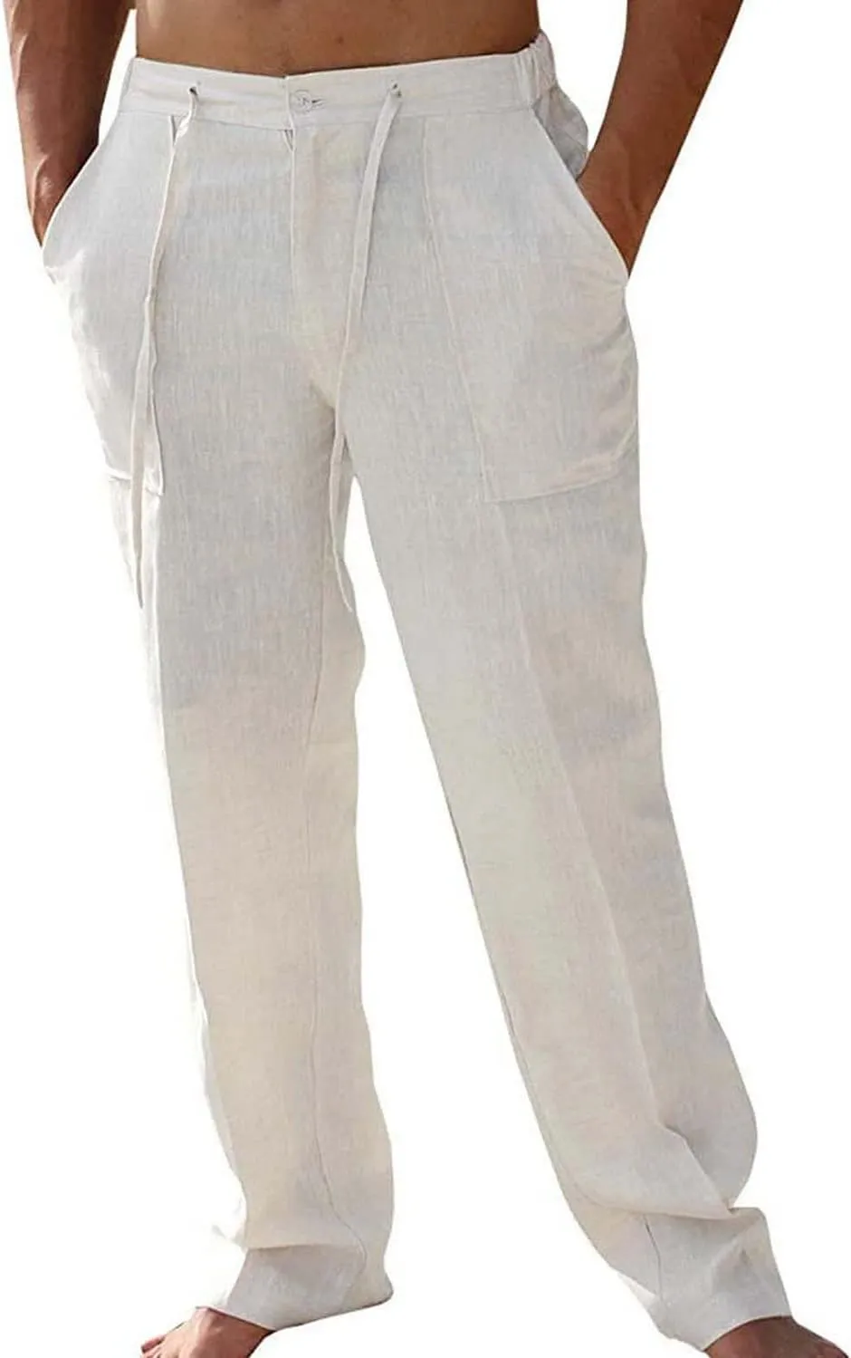 Casual Mens Linen Pants Lightweight Elastic Waist Straight-Legs Yoga Beach Trousers Classic Fit Bottom