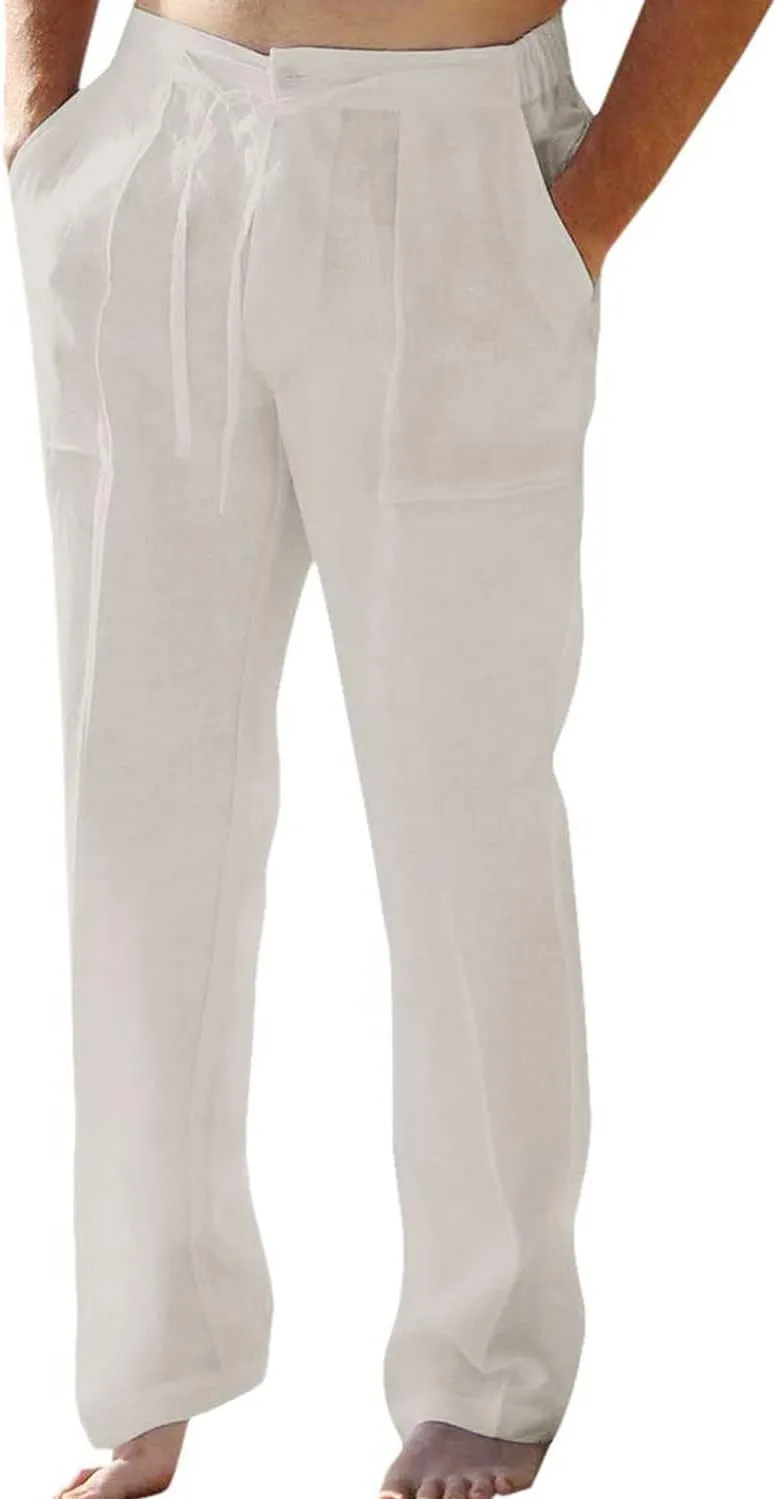 Casual Mens Linen Pants Lightweight Elastic Waist Straight-Legs Yoga Beach Trousers Classic Fit Bottom