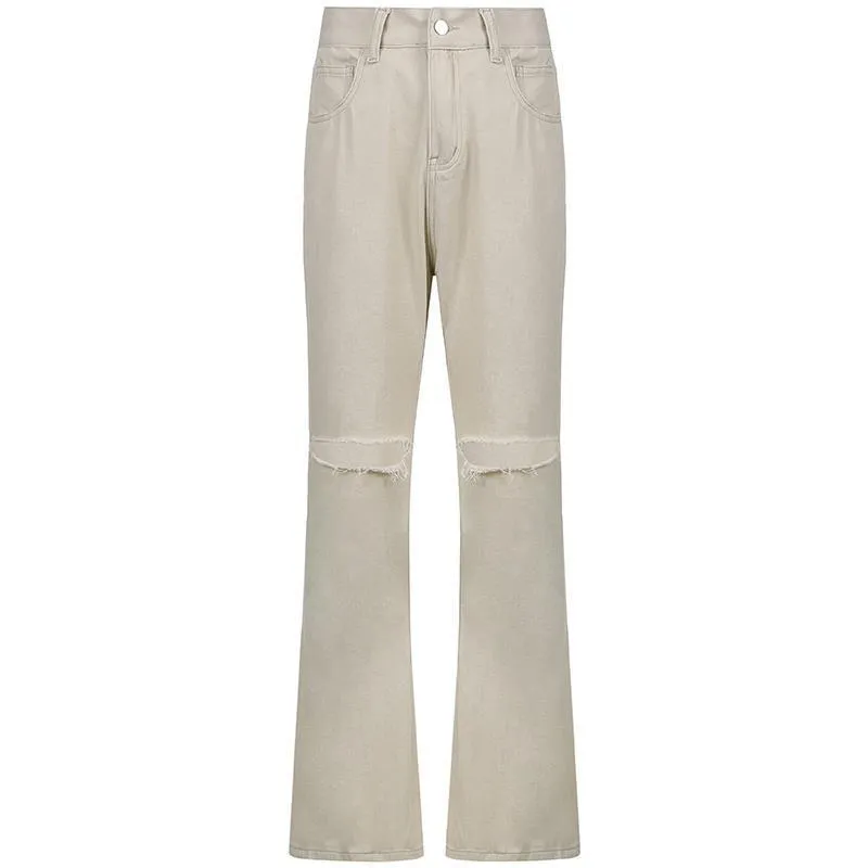Casual Wide-leg Pants Ripped High-waist Denim Trousers