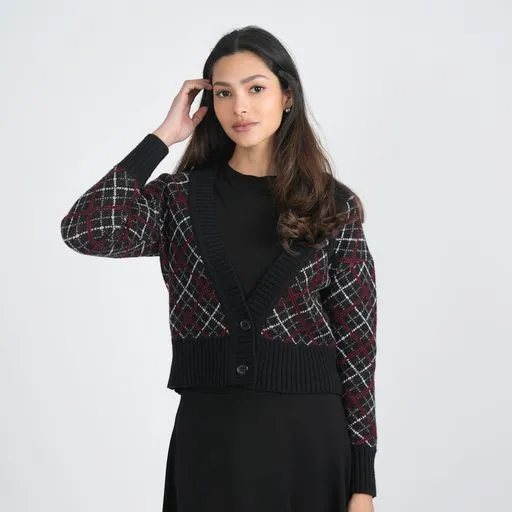 CHECKERED KNIT CARDIGAN