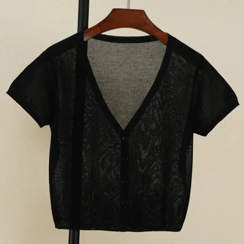 Chic V-Neck Cropped Cardigan for Women - Lightweight Summer Blouse, Perfect for Office & Casual Looks, Versatile Knit Outerwear in Classic Black