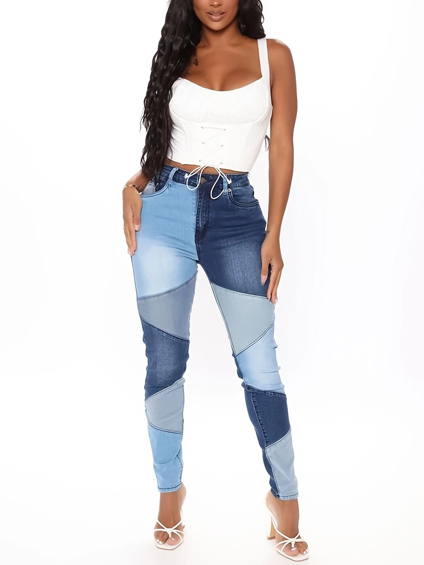 Colorblock Slash Pockets Stretchy Denim  Jeans