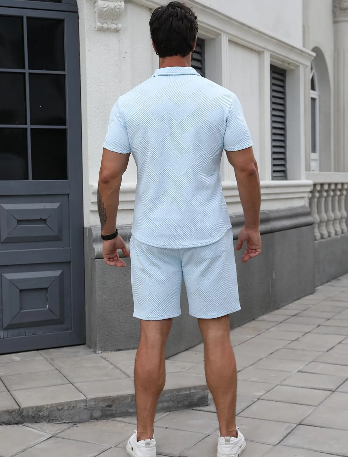 EISHOPEER Men's Polo Shirt and Shorts Set Fashion Zipper 2 Pieces Outfits