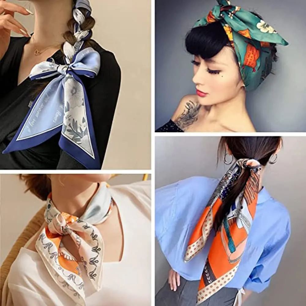 Fashion and Elegant Silk Feeling Scarf Square Satin Retro Style Sunscreen Head Scarf for Women Digital Printed
