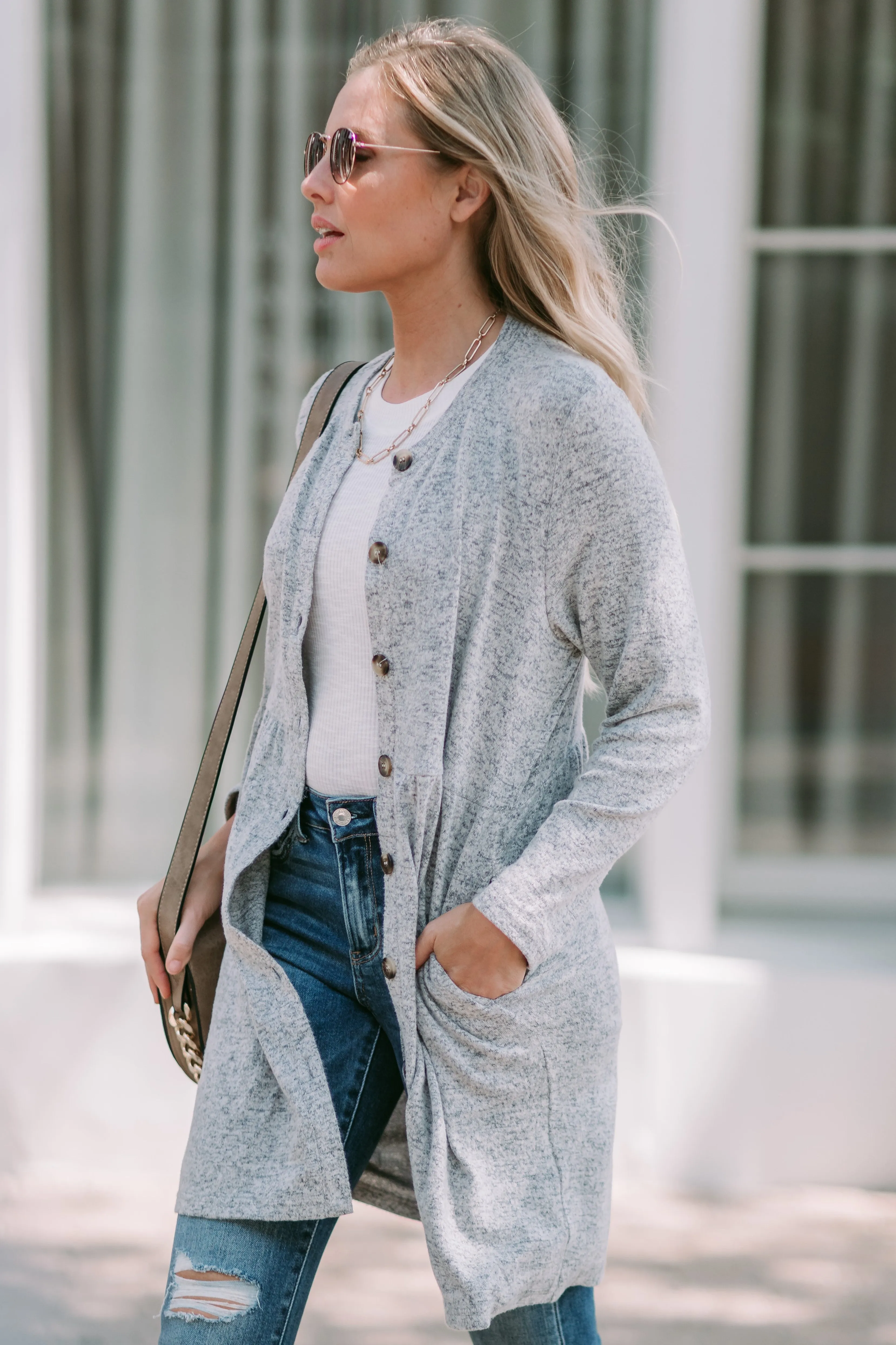 Heather Grey Shirred Waist Cardigan