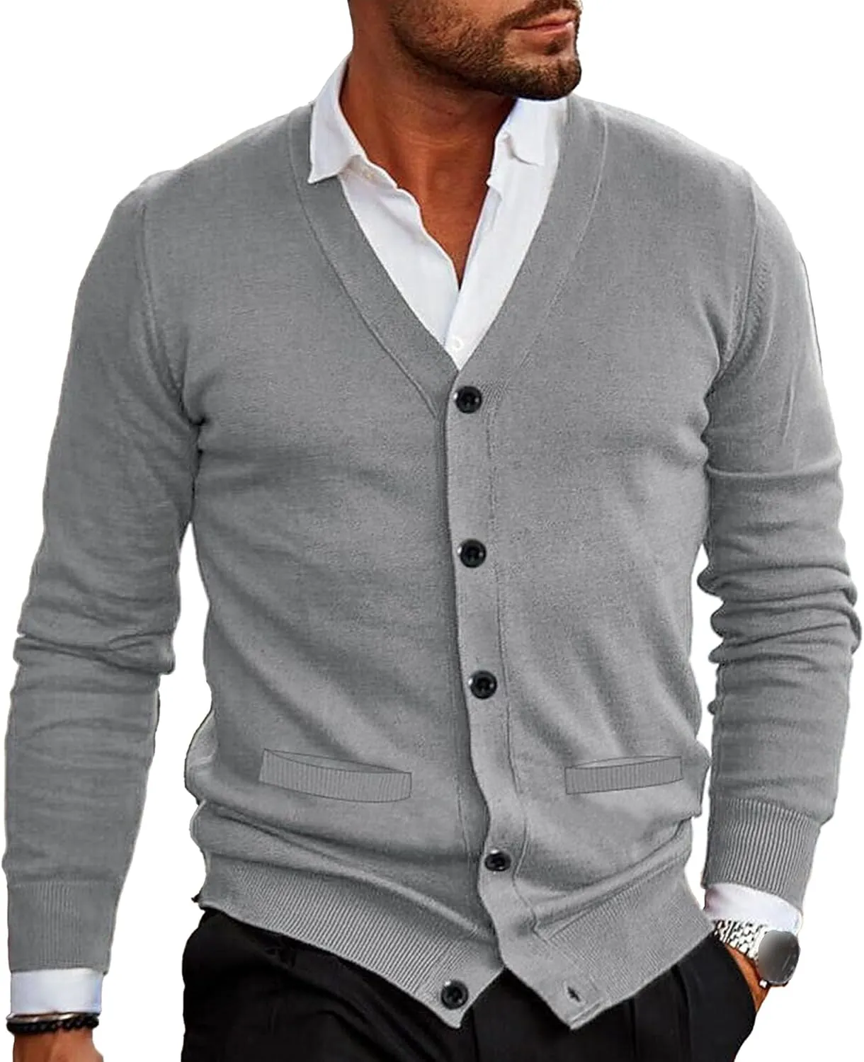 Maiyifu-GJ Men's Collar Cardigan Sweater V-Neck Knitted Sweaters Slim Fit Knit Button Up Sweater with Pockets