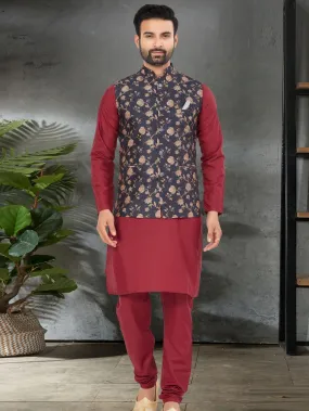 Maroon Kurta Jacket Set with Digital Printed Silk Jacket