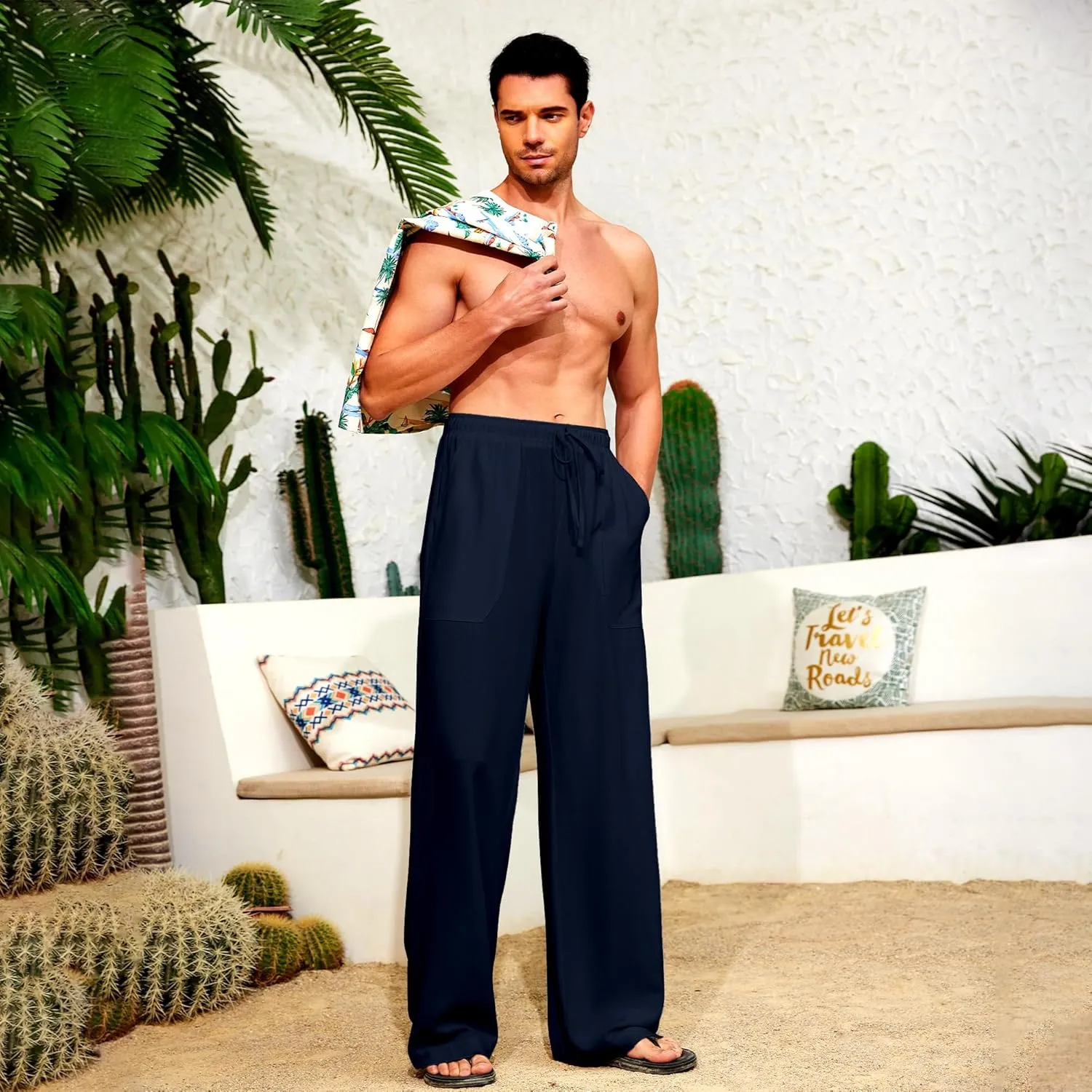 Men's Casual Linen Pants Elastic Waist Drawstring Summer Long Fit Linen Beach Pants Lightweight Trousers with Pockets