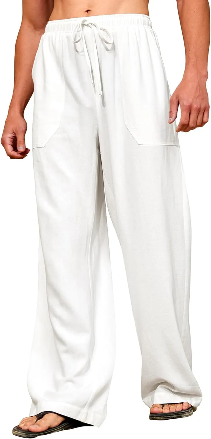 Men's Casual Linen Pants Elastic Waist Drawstring Summer Long Fit Linen Beach Pants Lightweight Trousers with Pockets