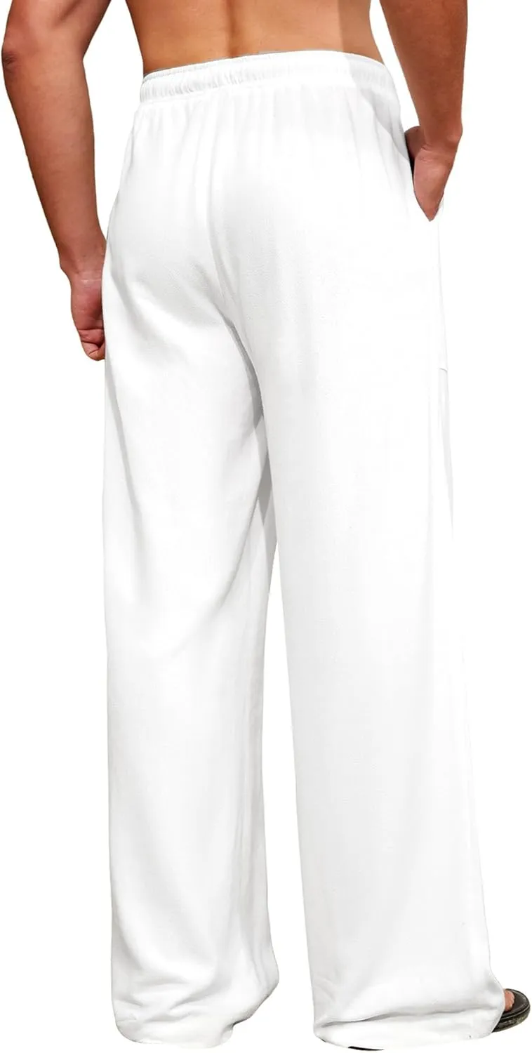 Men's Casual Linen Pants Elastic Waist Drawstring Summer Long Fit Linen Beach Pants Lightweight Trousers with Pockets