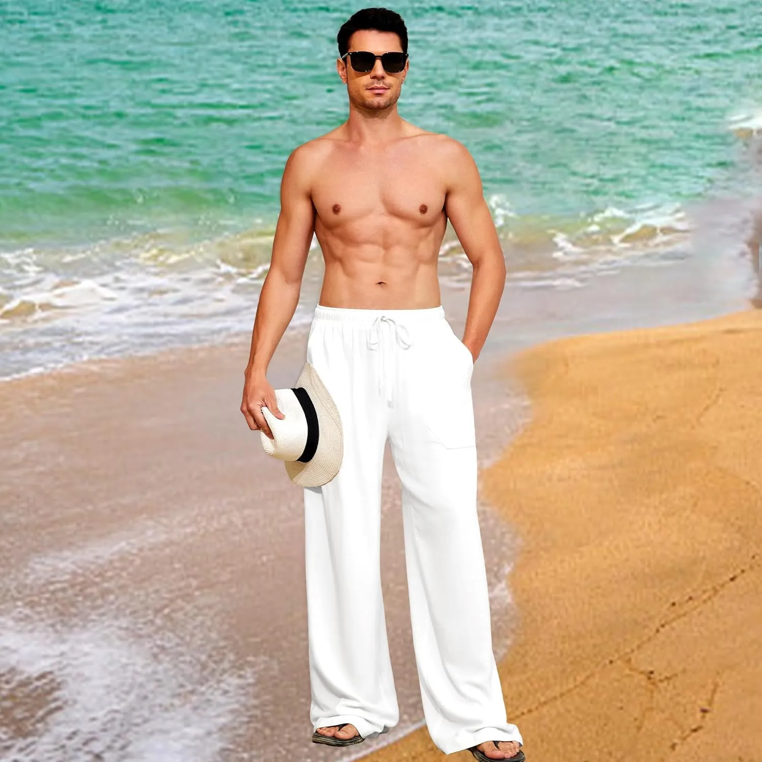 Men's Casual Linen Pants Elastic Waist Drawstring Summer Long Fit Linen Beach Pants Lightweight Trousers with Pockets