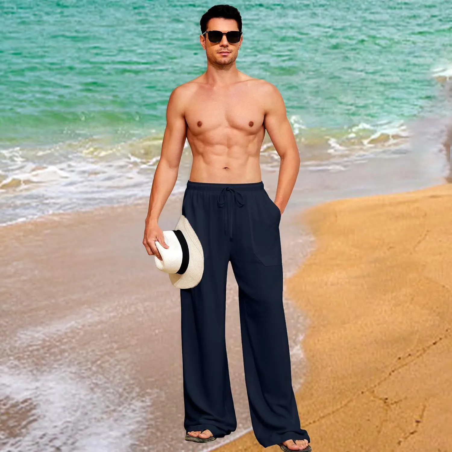 Men's Casual Linen Pants Elastic Waist Drawstring Summer Long Fit Linen Beach Pants Lightweight Trousers with Pockets
