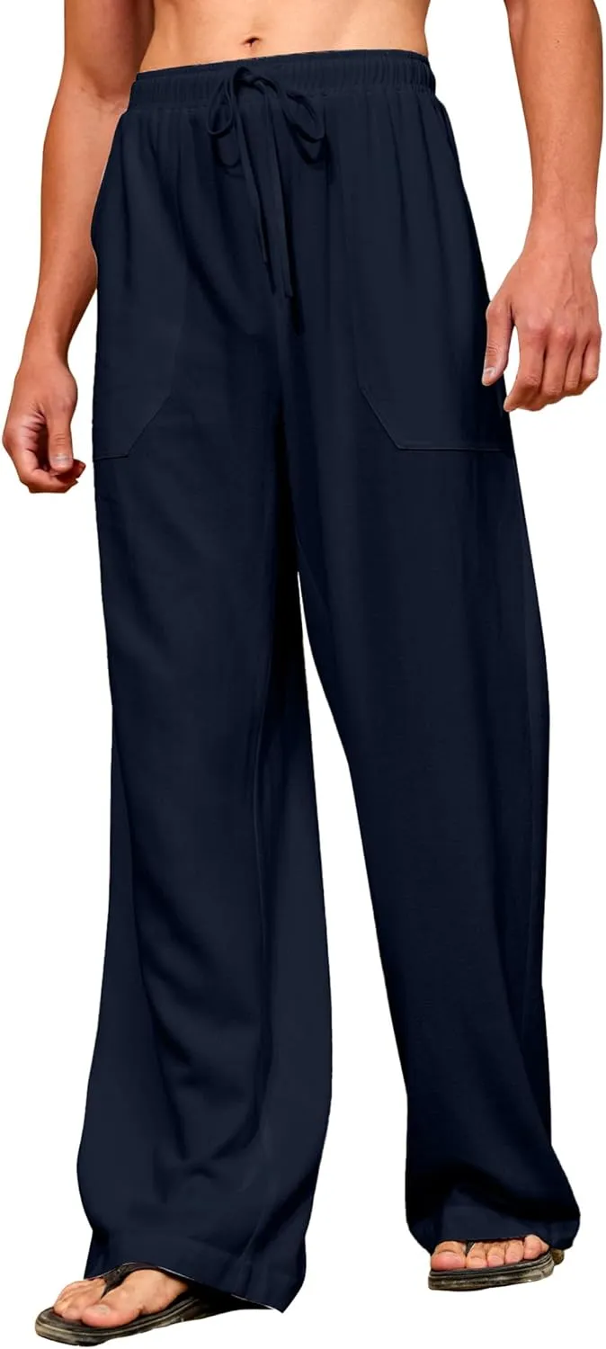 Men's Casual Linen Pants Elastic Waist Drawstring Summer Long Fit Linen Beach Pants Lightweight Trousers with Pockets