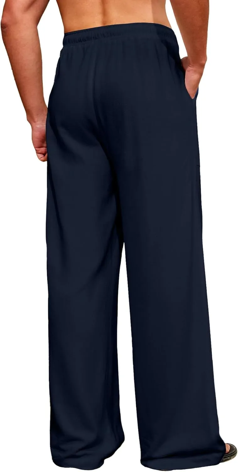 Men's Casual Linen Pants Elastic Waist Drawstring Summer Long Fit Linen Beach Pants Lightweight Trousers with Pockets