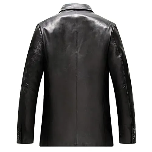 Mens Leather Blazer with Sheepskin Collar Black SingleBreasted Casual Business Coat