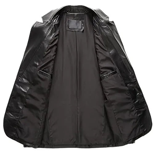 Mens Leather Blazer with Sheepskin Collar Black SingleBreasted Casual Business Coat