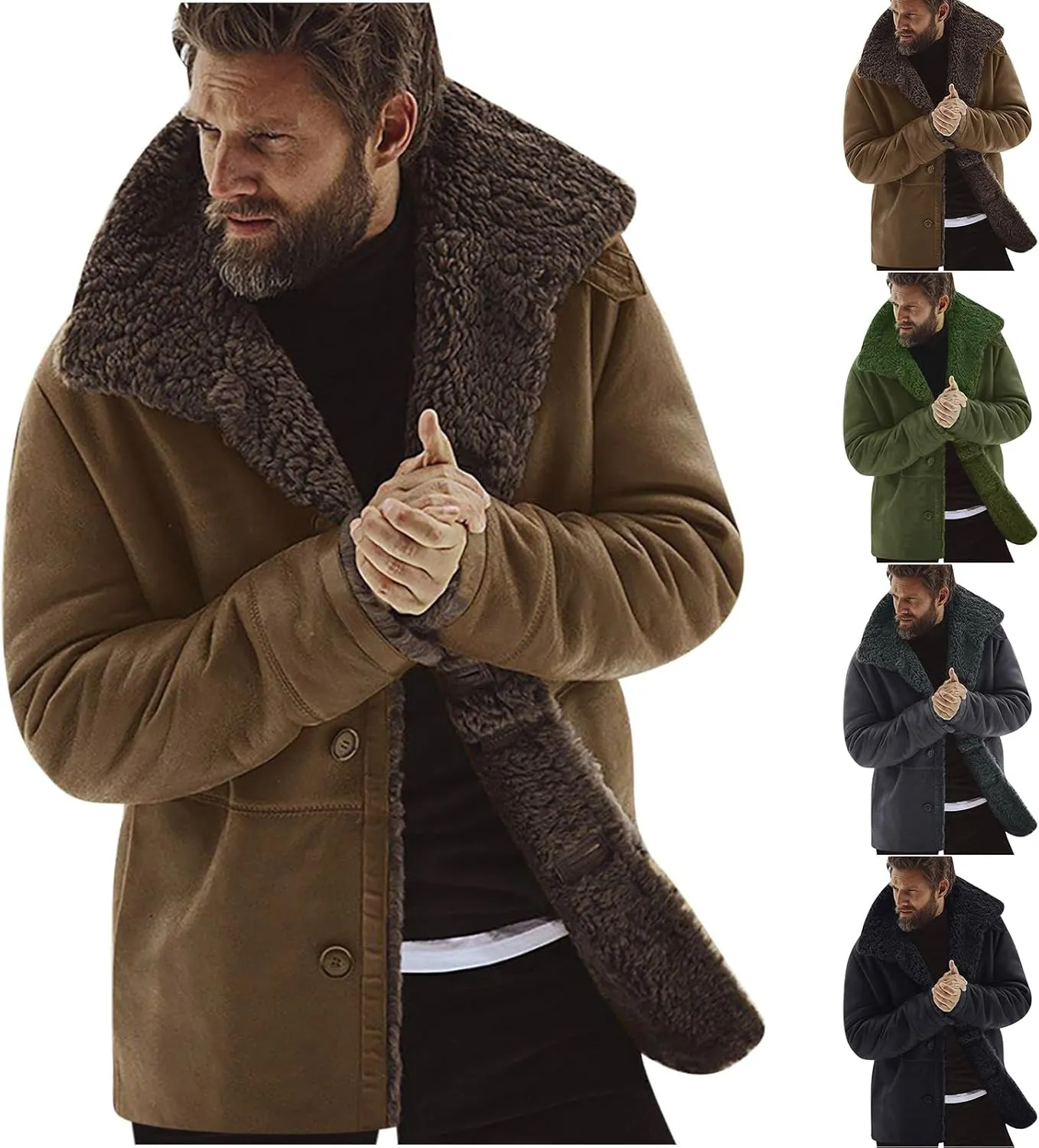 Men's Shearling Leather Coat Faux Suede Sherpa Lined Sheepskin Jacket Turn-Down Collar Warm Winter Jacket with Buttons