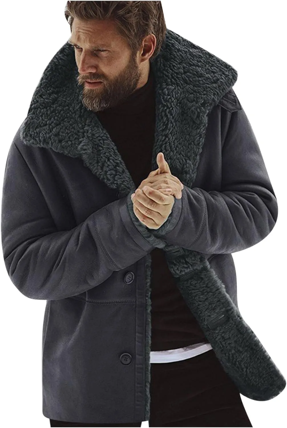 Men's Shearling Leather Coat Faux Suede Sherpa Lined Sheepskin Jacket Turn-Down Collar Warm Winter Jacket with Buttons