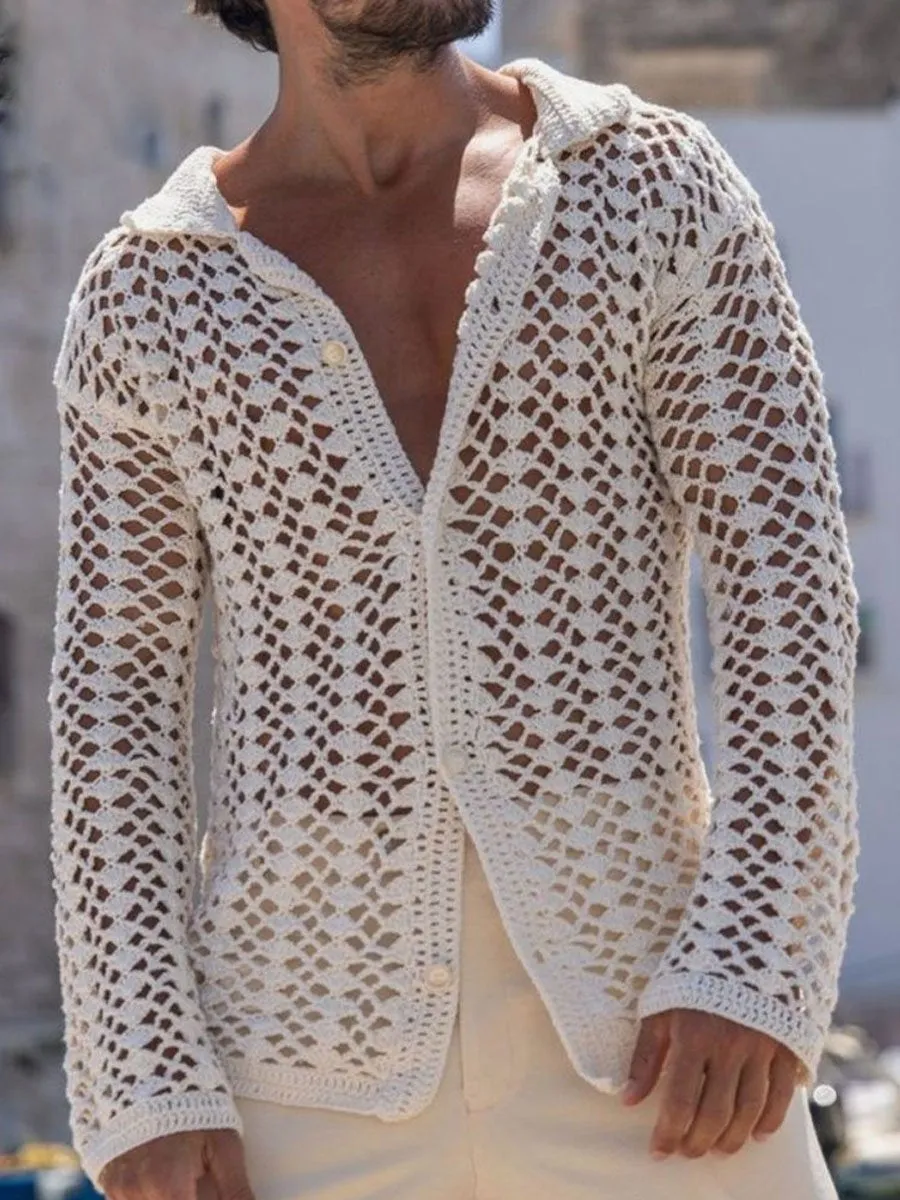 Men's Solid Color Hollow Knit Cardigan
