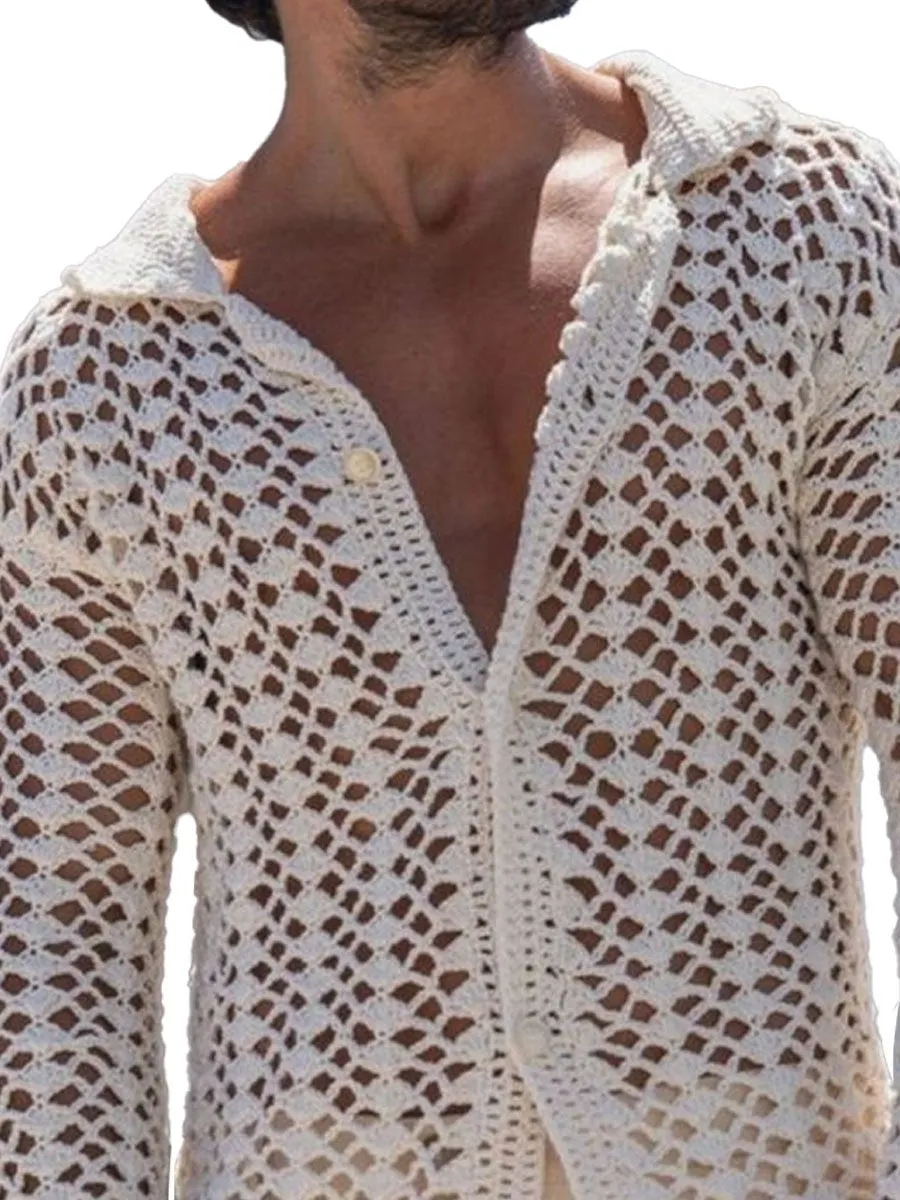 Men's Solid Color Hollow Knit Cardigan