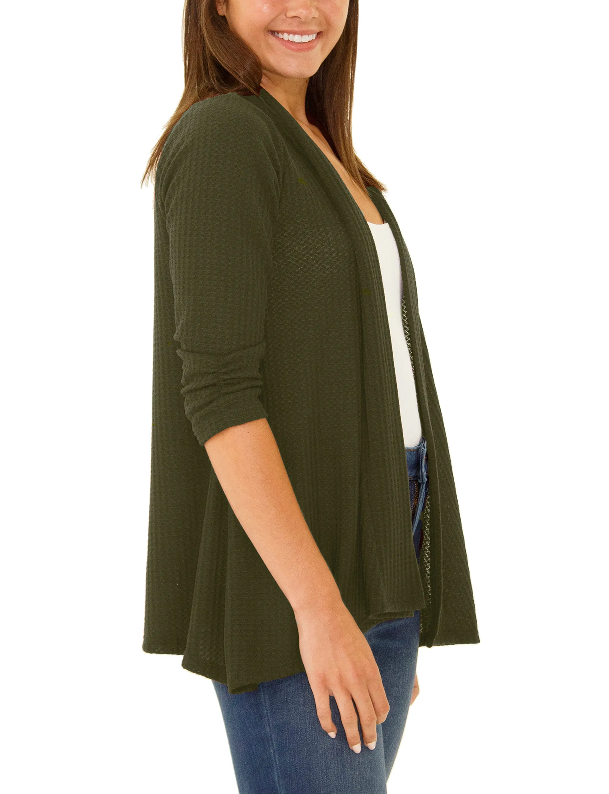 Petite 3/4 Sleeve Open Front Waffle Weave Cardigan