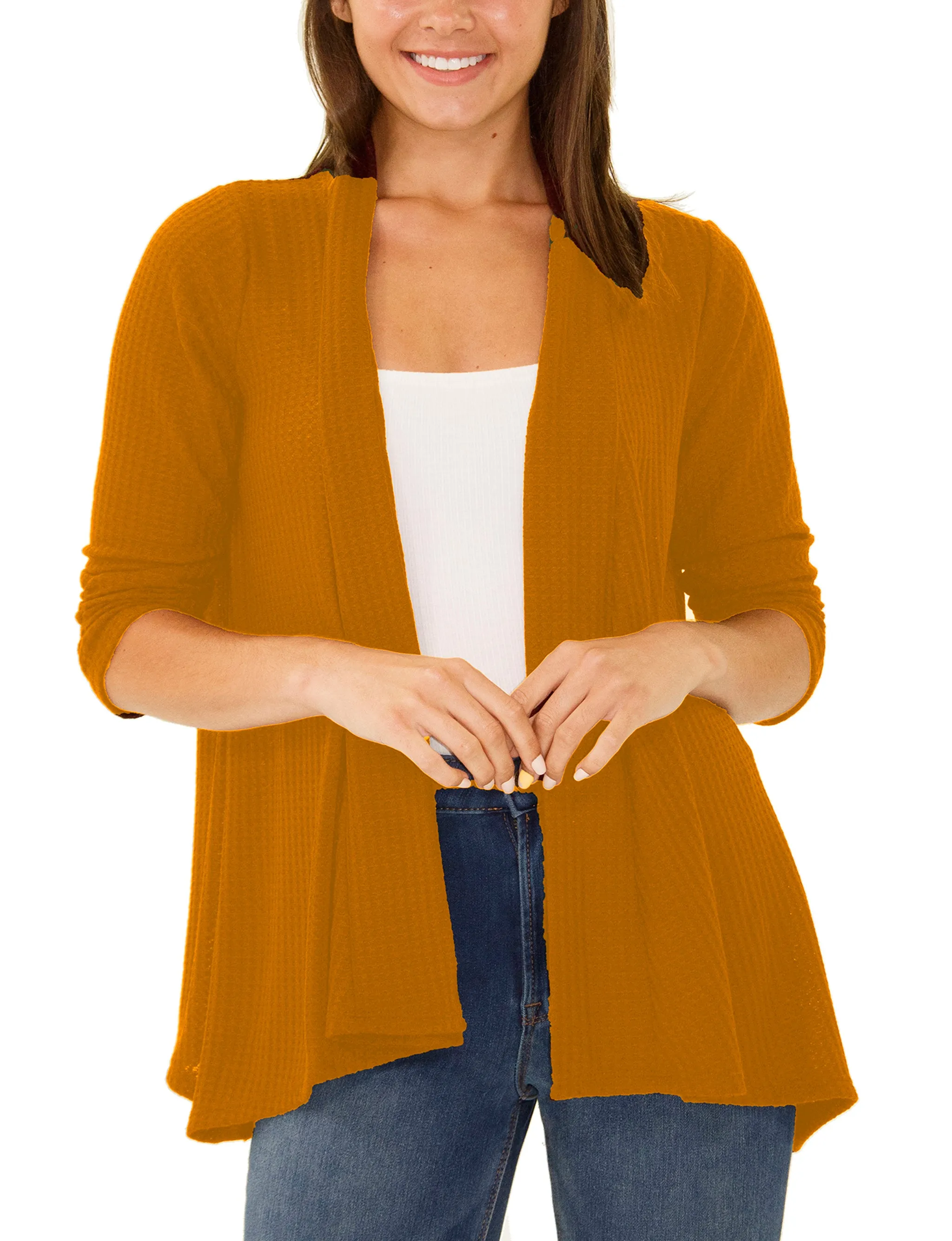 Petite 3/4 Sleeve Open Front Waffle Weave Cardigan