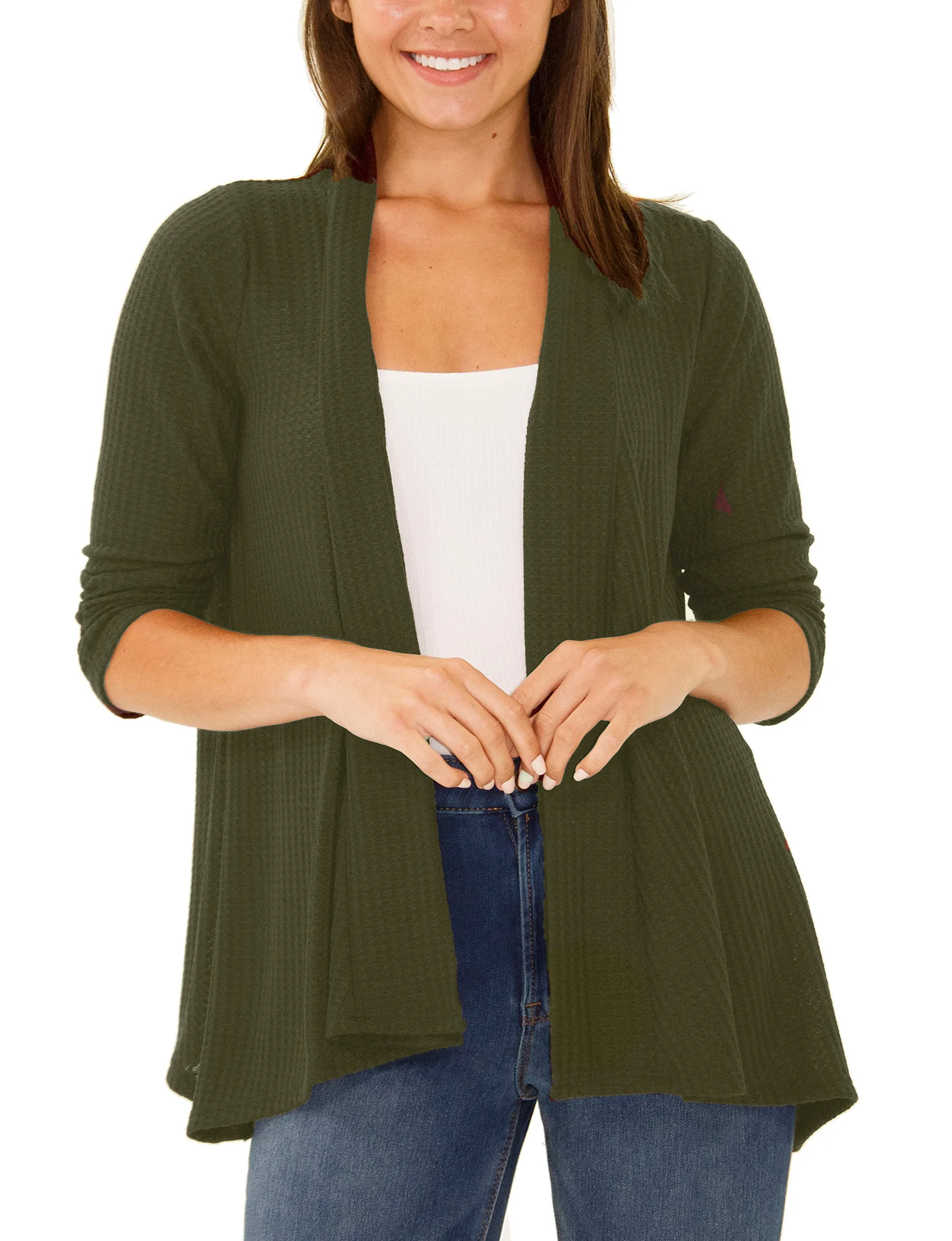 Petite 3/4 Sleeve Open Front Waffle Weave Cardigan