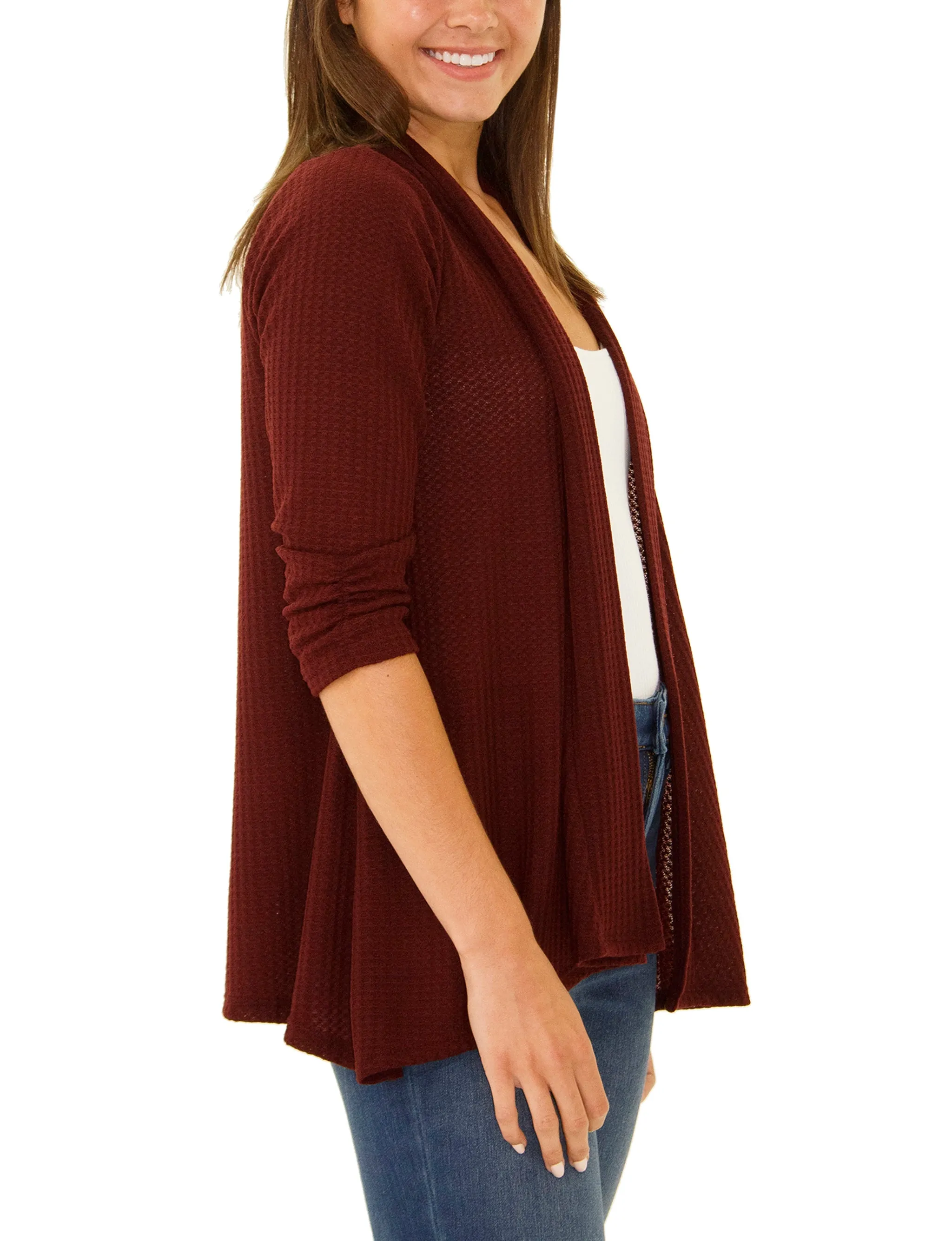 Petite 3/4 Sleeve Open Front Waffle Weave Cardigan
