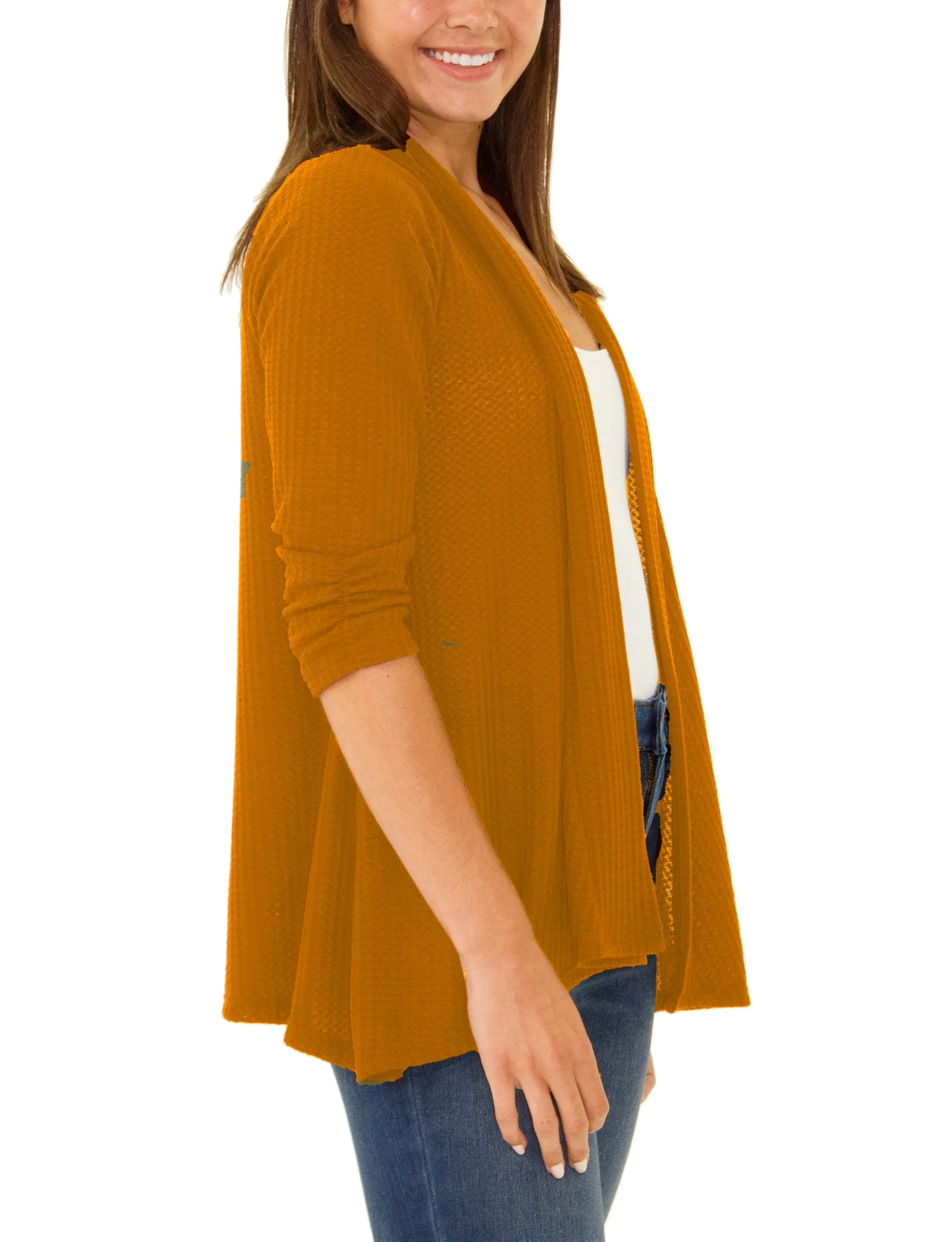 Petite 3/4 Sleeve Open Front Waffle Weave Cardigan