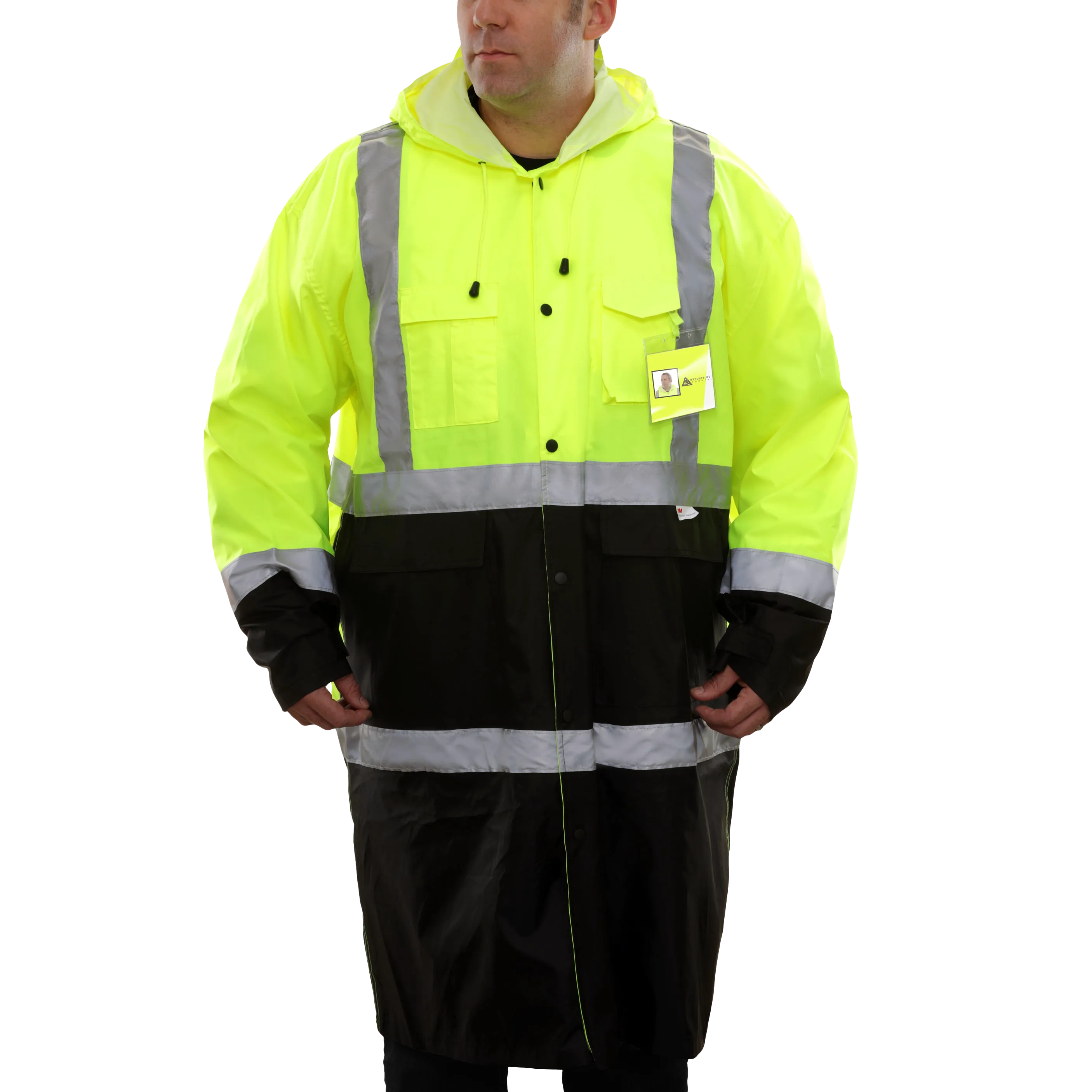Safety Rain Trench Lightweight Waterproof Hi Vis 2-Tone Adjustable Hood