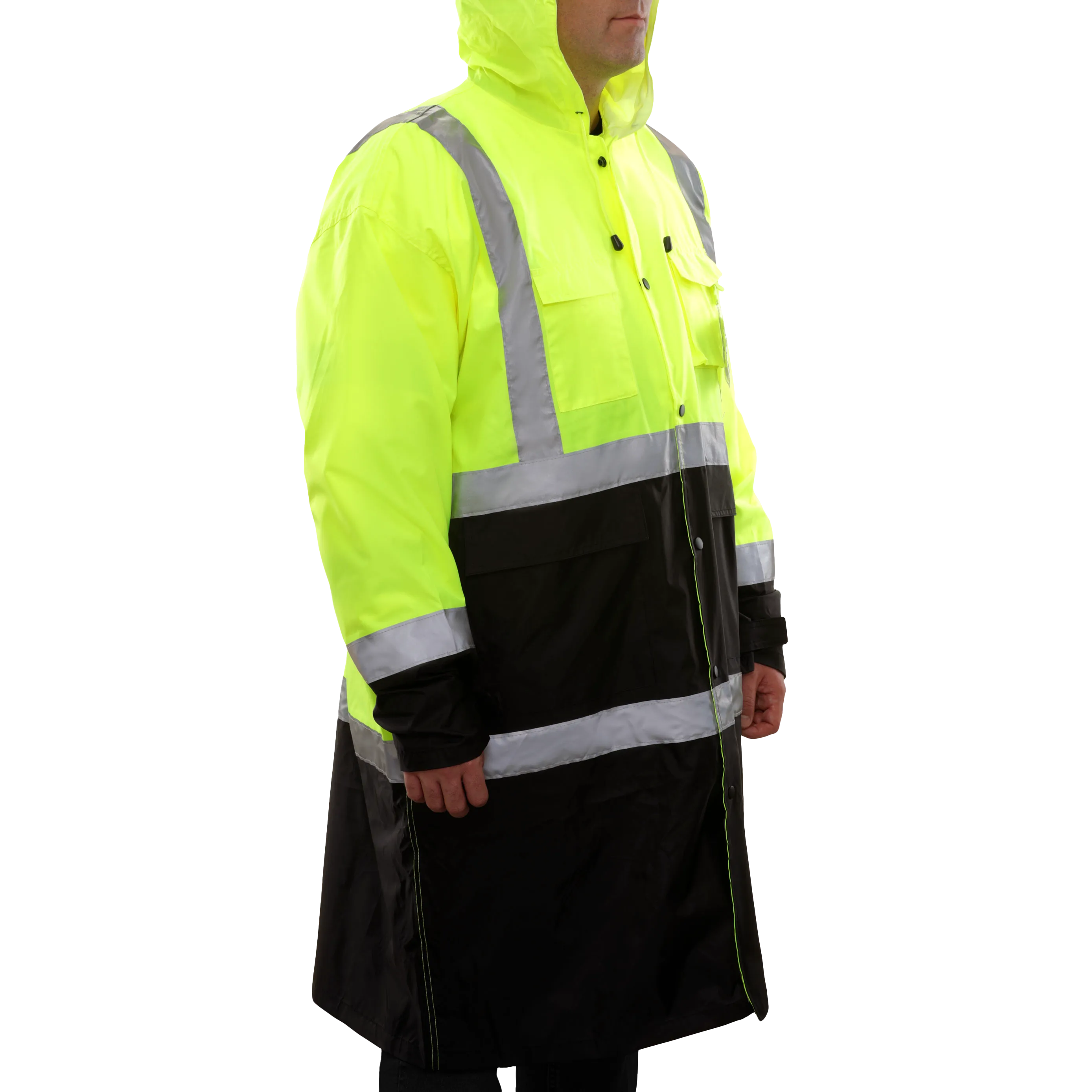 Safety Rain Trench Lightweight Waterproof Hi Vis 2-Tone Adjustable Hood