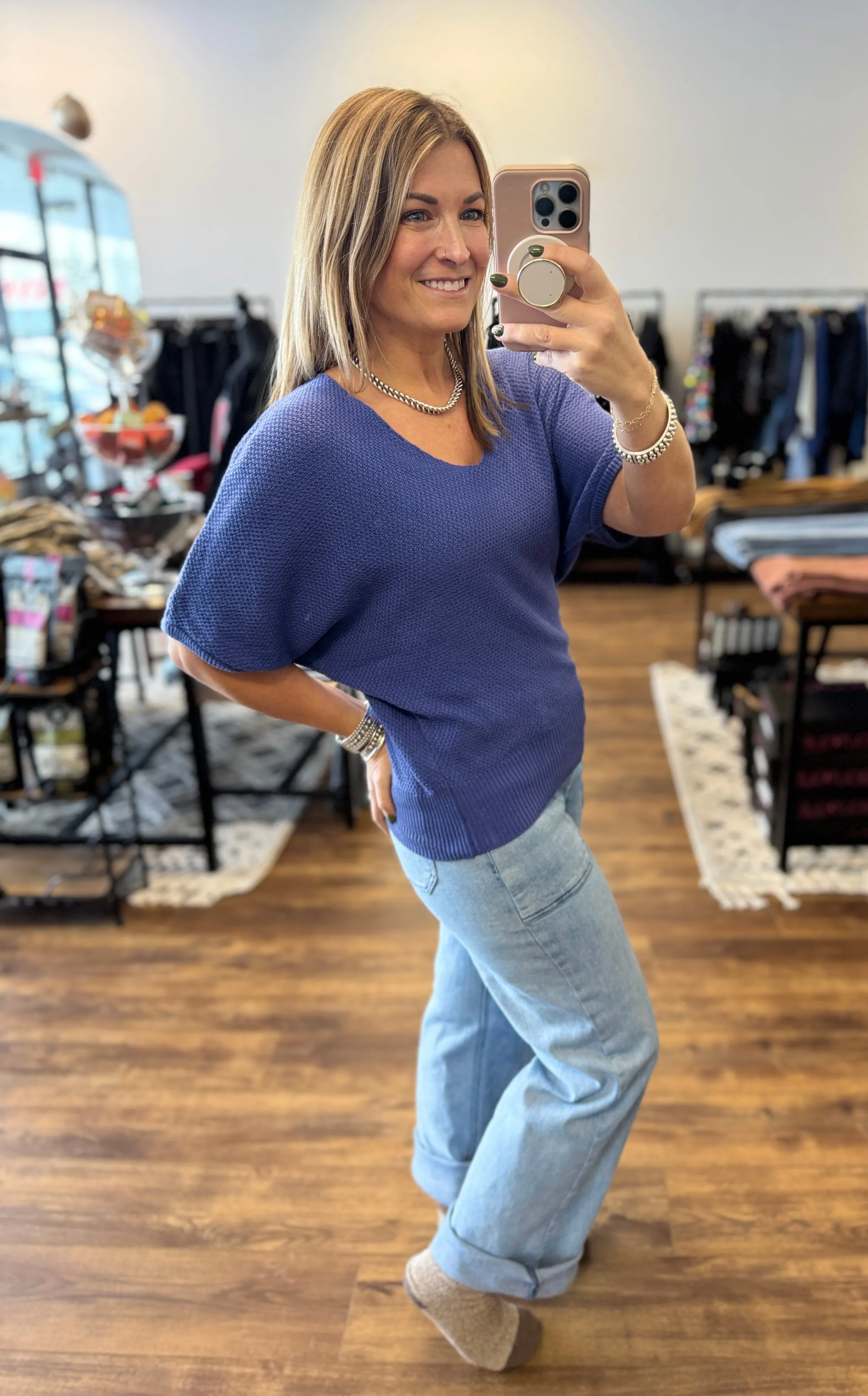 Short Sleeve V-Neck Dolman Sweater - Marlin