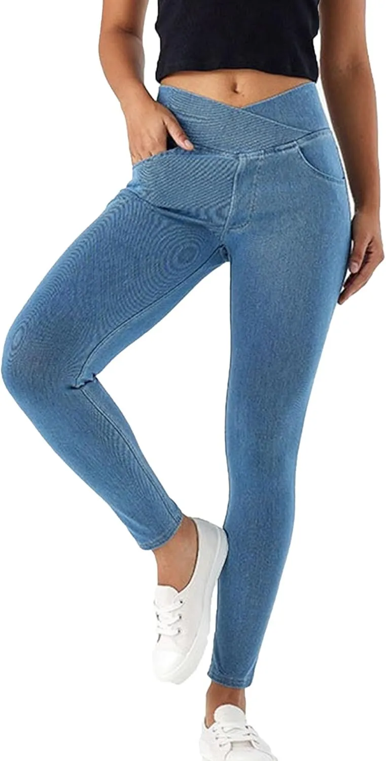 Skinny Stretchy Curvy Jeans for Women High Cross Waisted Tummy Control Jeans with Pockets