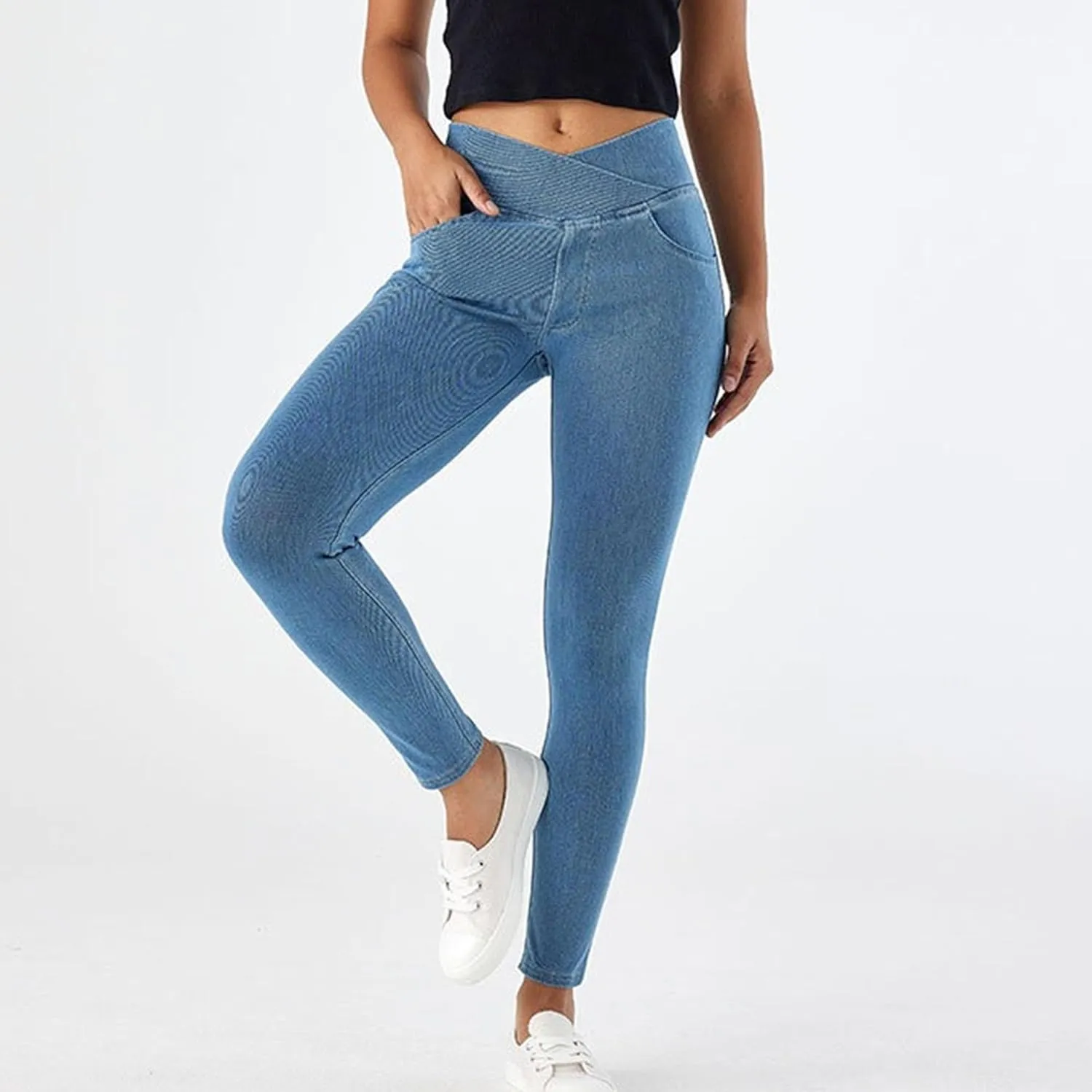 Skinny Stretchy Curvy Jeans for Women High Cross Waisted Tummy Control Jeans with Pockets