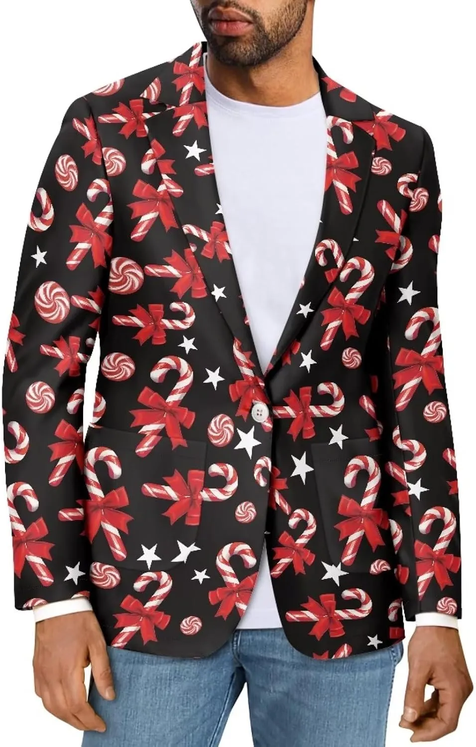 Soft Modern One Button Blazer for Men Novelty Print Long Sleeve Notch Lapel Collar Suit Jacket with Pockets