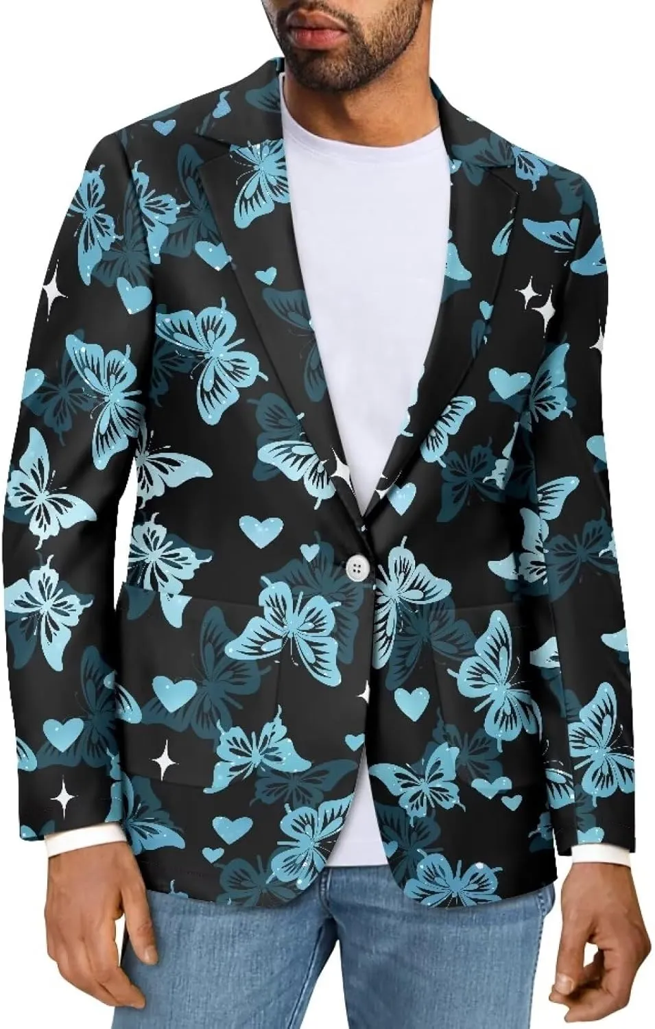 Soft Modern One Button Blazer for Men Novelty Print Long Sleeve Notch Lapel Collar Suit Jacket with Pockets