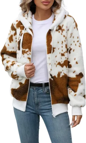 Winter Hoodies for Women Zip Up Lapel Jackets Trendy Drawstring Long Sleeve Coat Cow Print Fleece Jacket Tops
