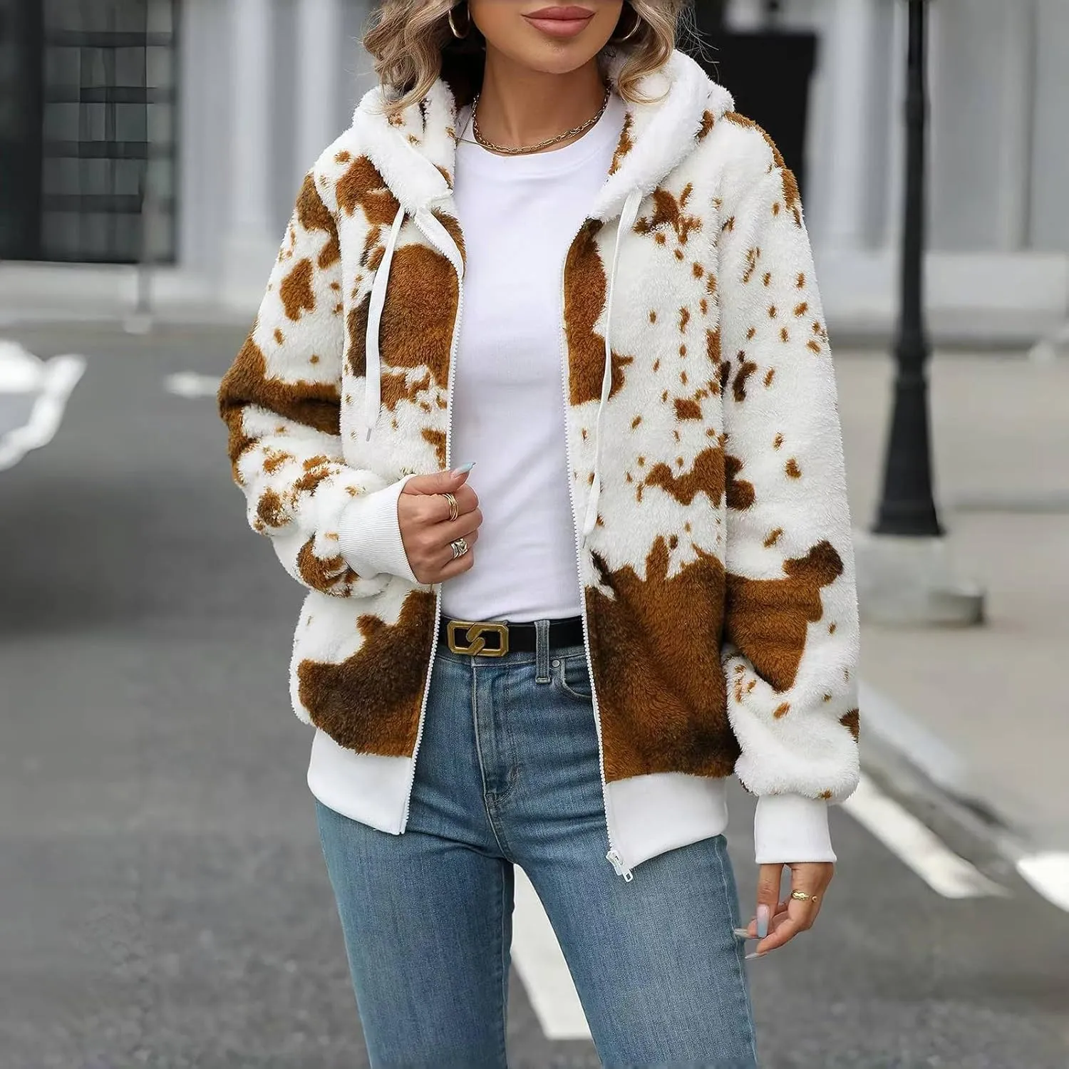 Winter Hoodies for Women Zip Up Lapel Jackets Trendy Drawstring Long Sleeve Coat Cow Print Fleece Jacket Tops