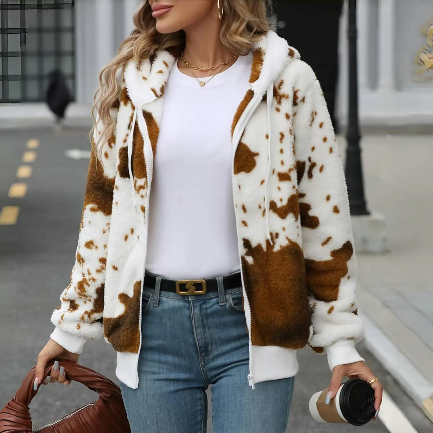 Winter Hoodies for Women Zip Up Lapel Jackets Trendy Drawstring Long Sleeve Coat Cow Print Fleece Jacket Tops