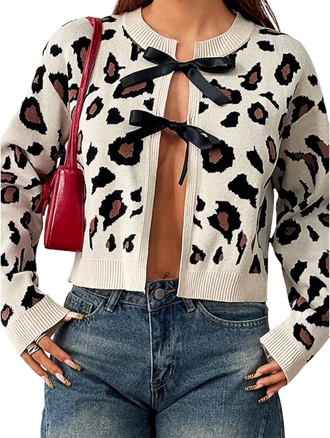 Women Leopard Print Bow Tie Cardigan Sweaters Long Sleeve Crewneck Open Front Knit Chunky Coats Casual Loose Outwear