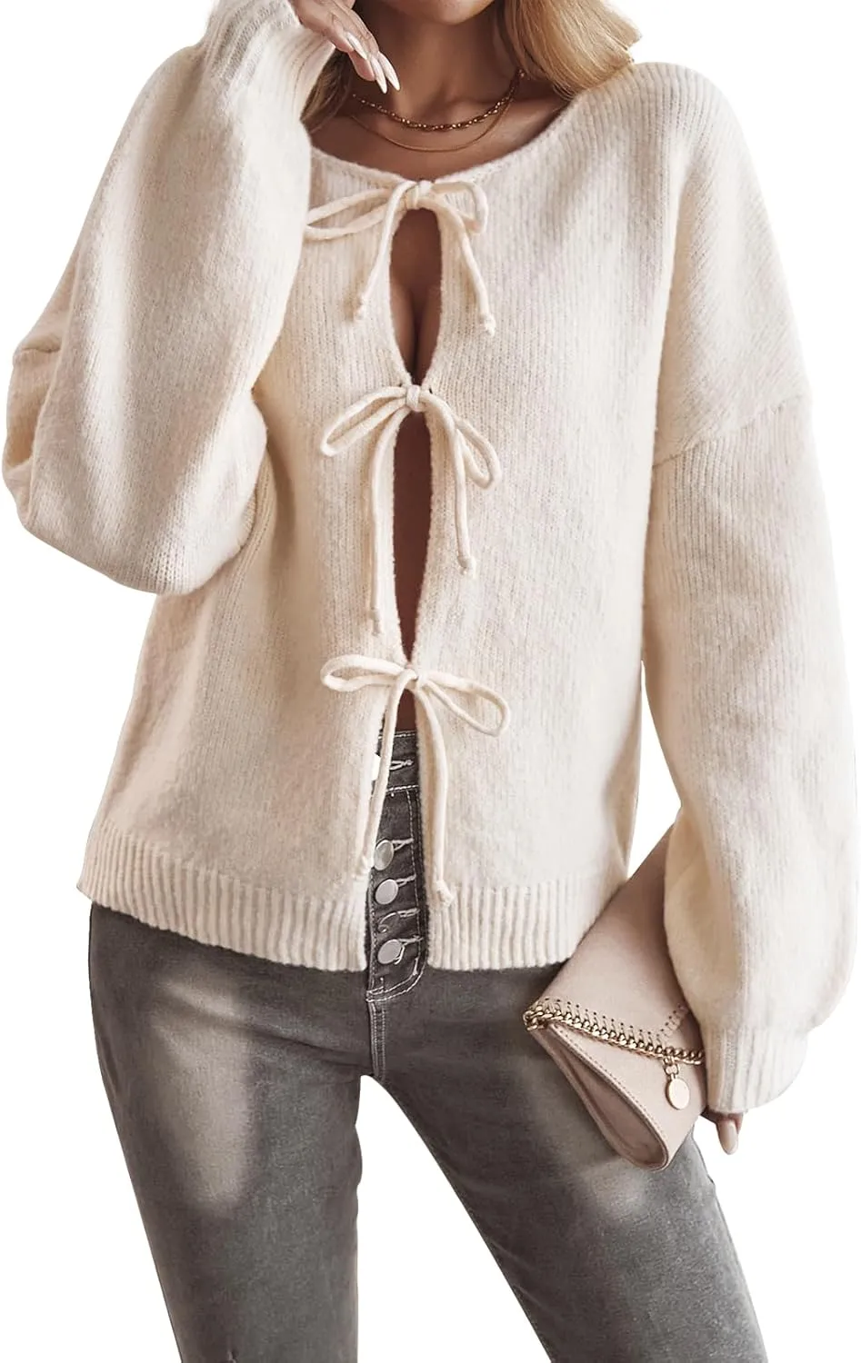 Women Leopard Print Bow Tie Cardigan Sweaters Long Sleeve Crewneck Open Front Knit Chunky Coats Casual Loose Outwear