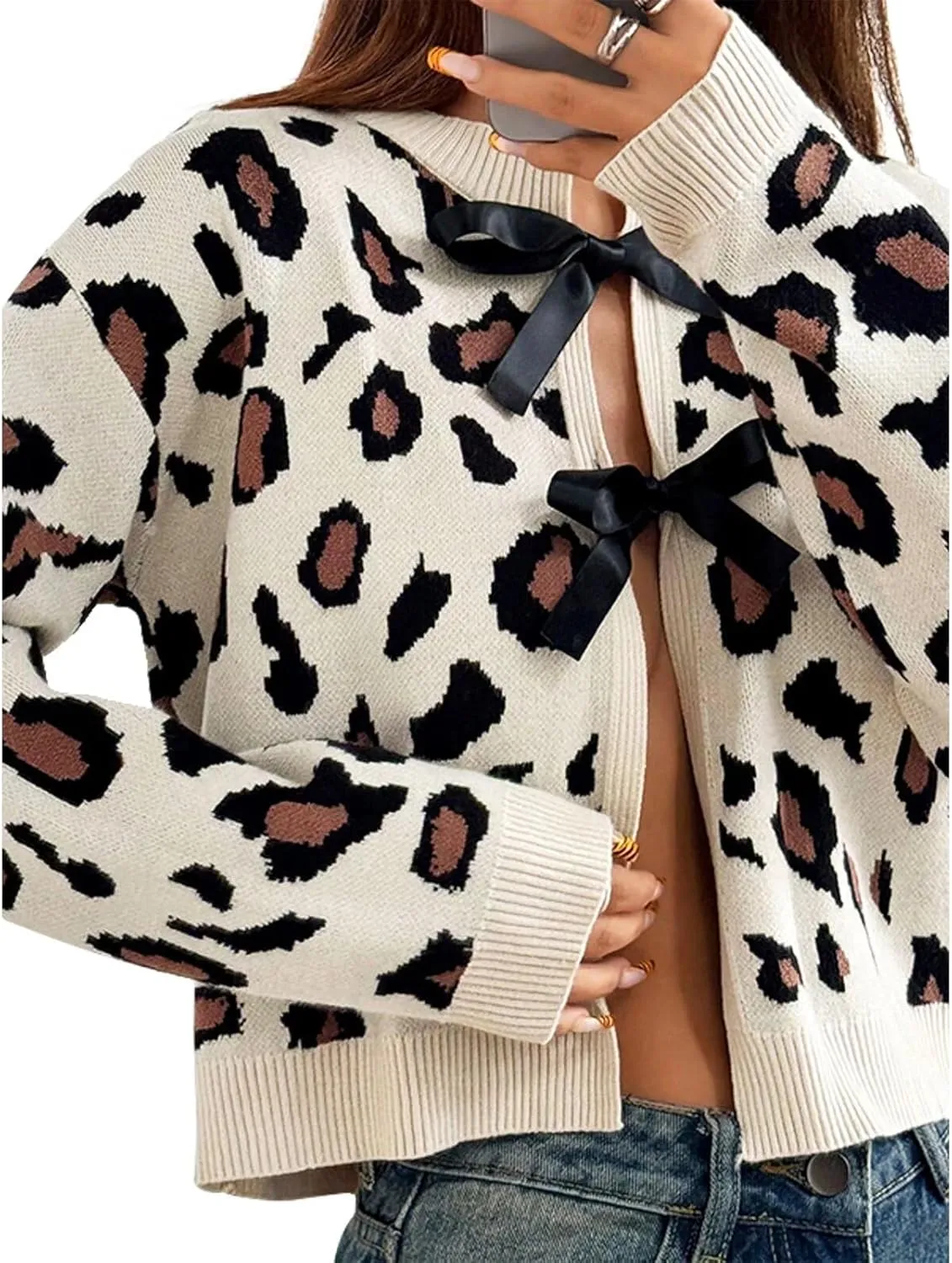 Women Leopard Print Bow Tie Cardigan Sweaters Long Sleeve Crewneck Open Front Knit Chunky Coats Casual Loose Outwear