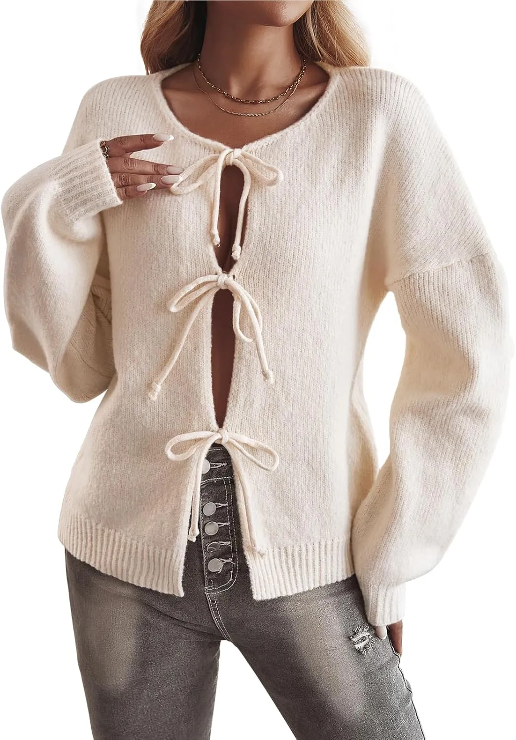 Women Leopard Print Bow Tie Cardigan Sweaters Long Sleeve Crewneck Open Front Knit Chunky Coats Casual Loose Outwear