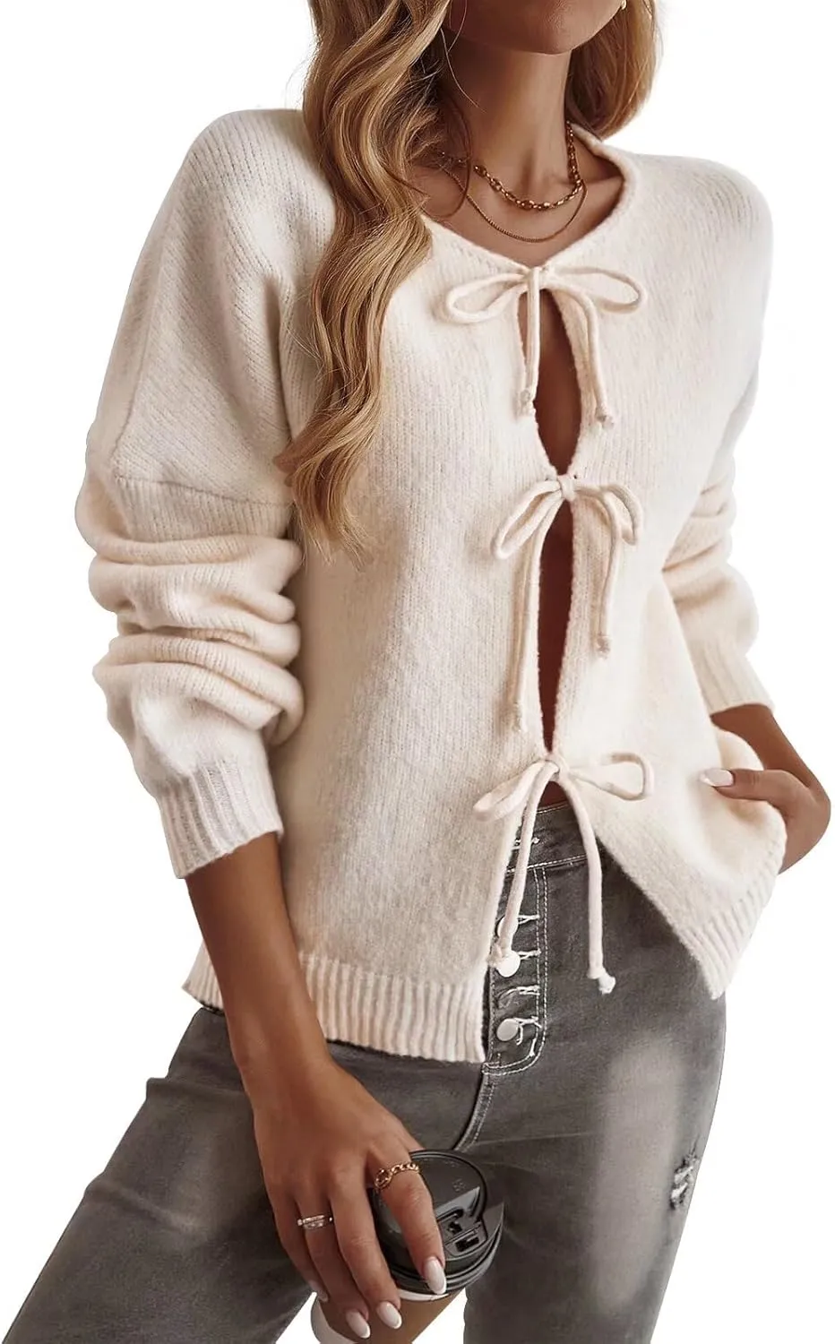 Women Leopard Print Bow Tie Cardigan Sweaters Long Sleeve Crewneck Open Front Knit Chunky Coats Casual Loose Outwear