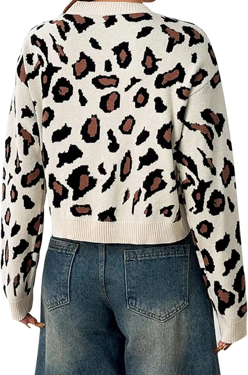 Women Leopard Print Bow Tie Cardigan Sweaters Long Sleeve Crewneck Open Front Knit Chunky Coats Casual Loose Outwear