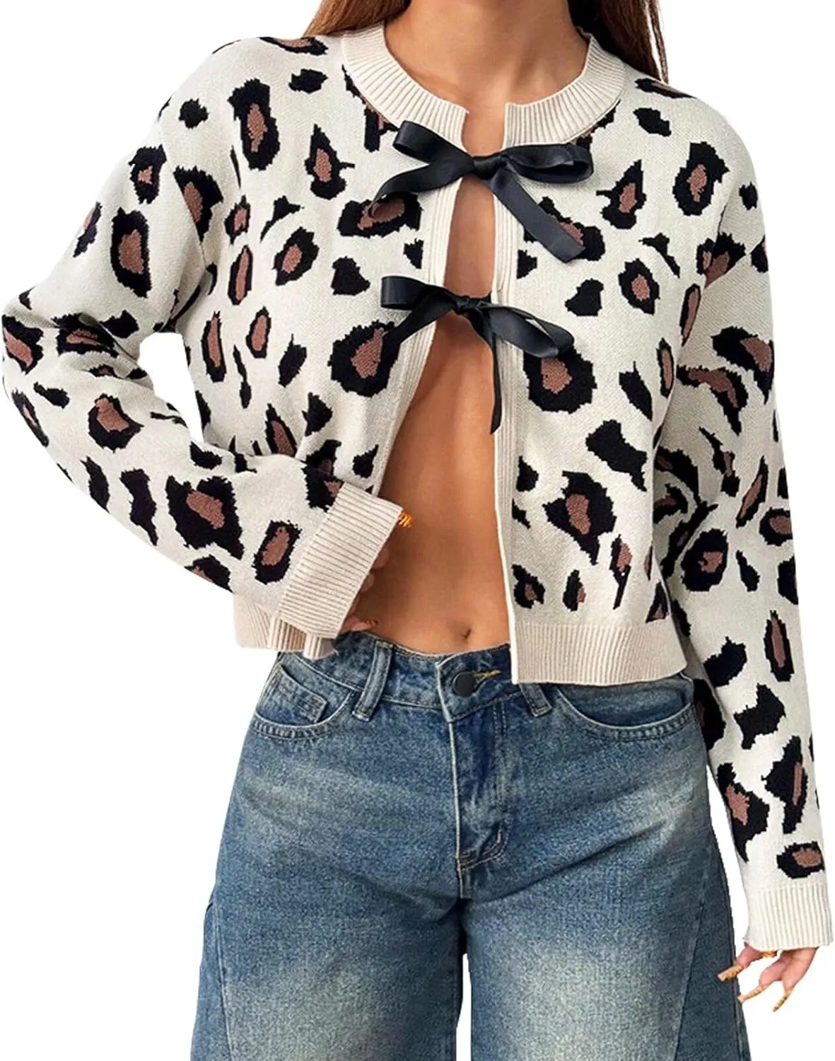 Women Leopard Print Bow Tie Cardigan Sweaters Long Sleeve Crewneck Open Front Knit Chunky Coats Casual Loose Outwear