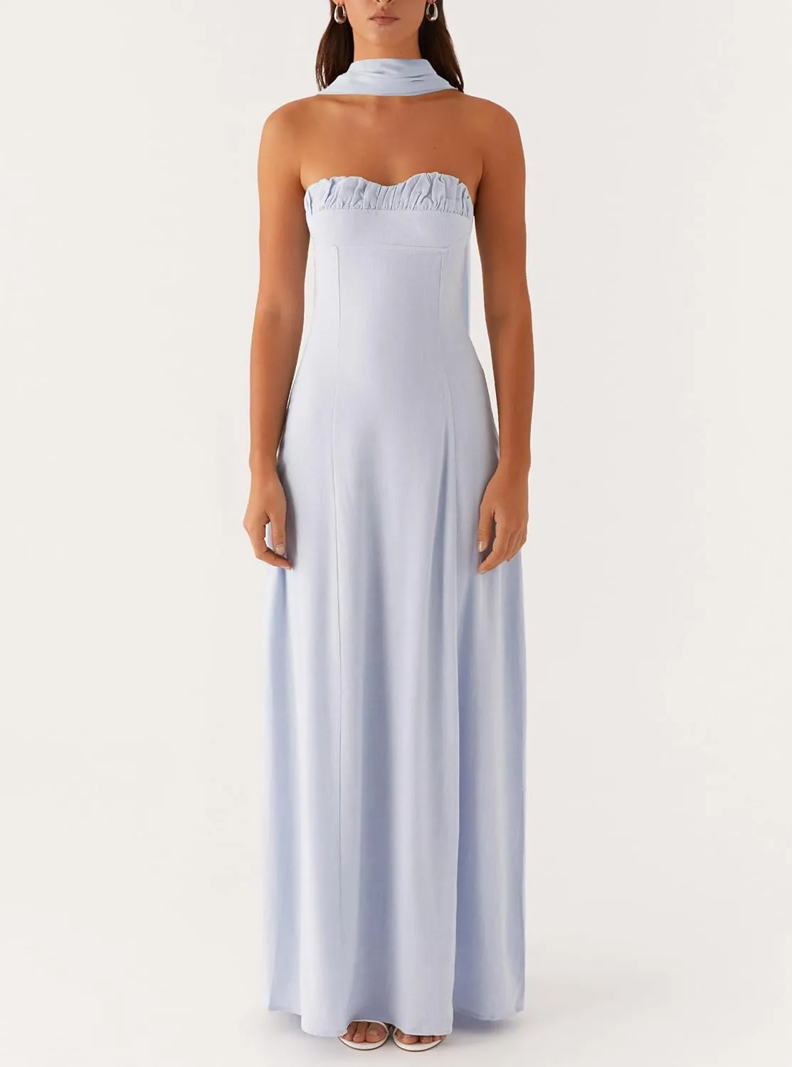 Women Y2k Strapless Floral Tube Maxi Dress with Neck Scarf Backless Mesh Bodycon Long Beach Cocktail Party Sundress