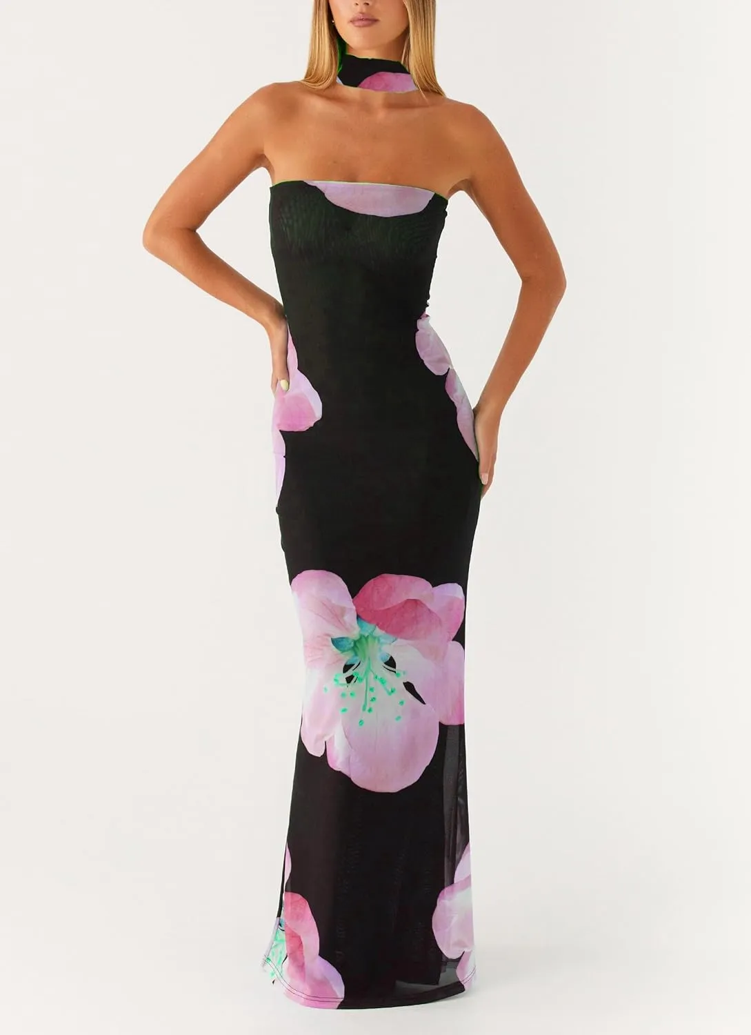 Women Y2k Strapless Floral Tube Maxi Dress with Neck Scarf Backless Mesh Bodycon Long Beach Cocktail Party Sundress