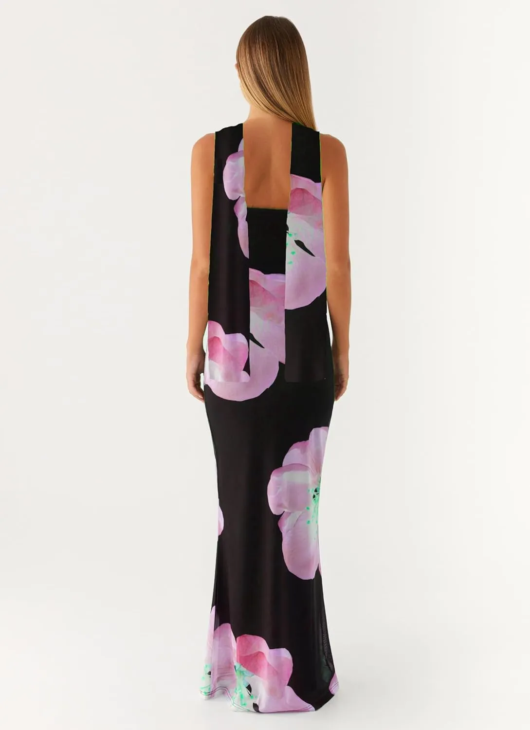 Women Y2k Strapless Floral Tube Maxi Dress with Neck Scarf Backless Mesh Bodycon Long Beach Cocktail Party Sundress